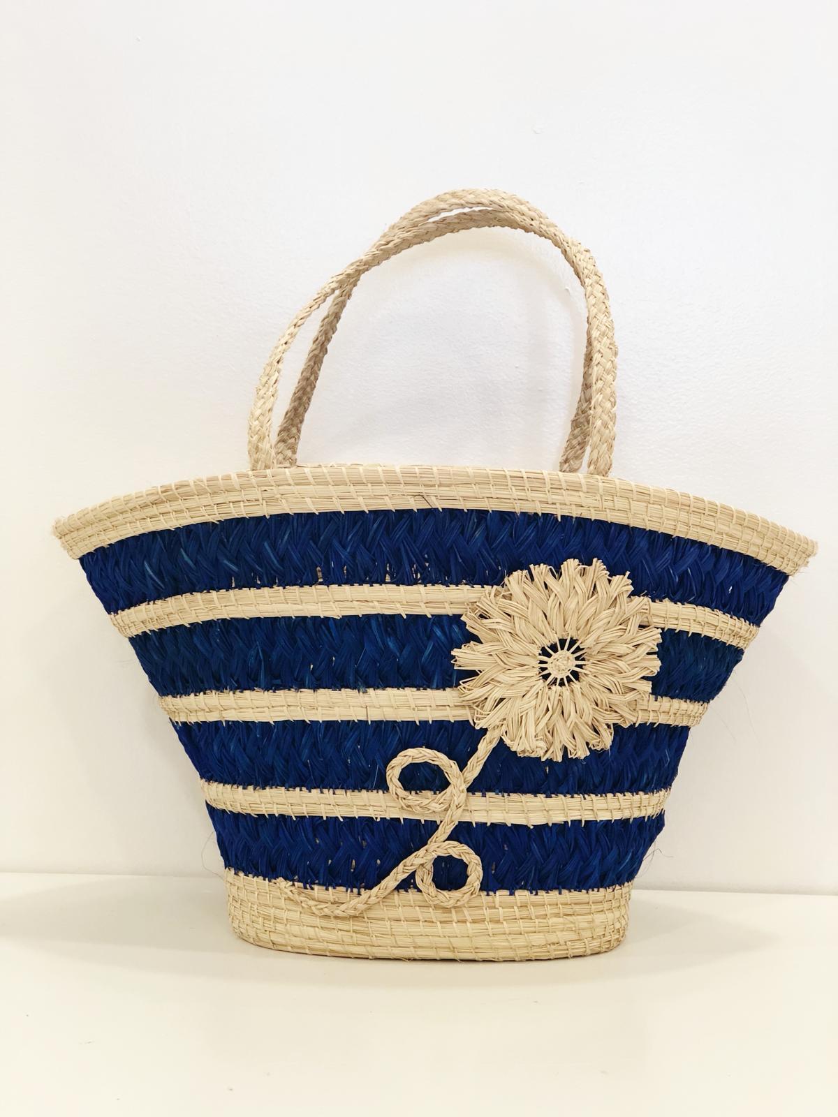 Blue Flower "Trapezoid" Straw Artisan Tote